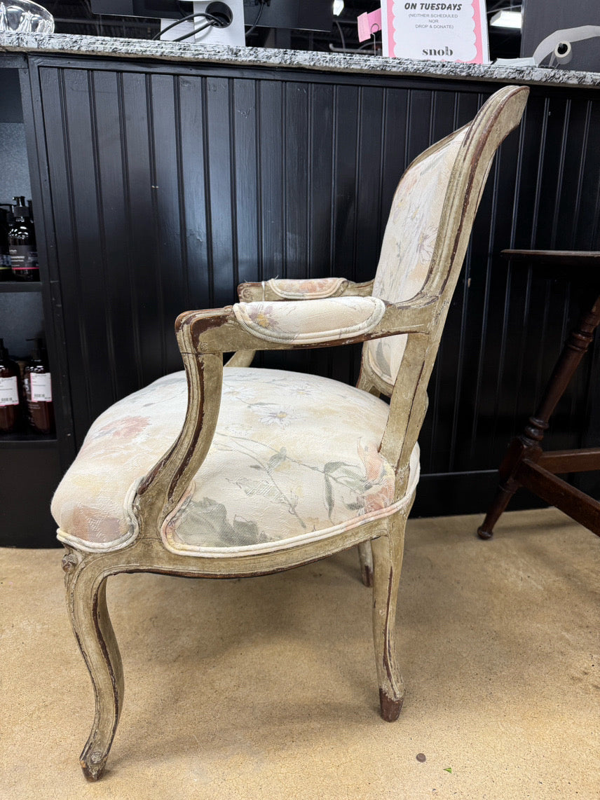 White Wash Wood Cream & Yellow Floral Upholstery French Provincial Chair