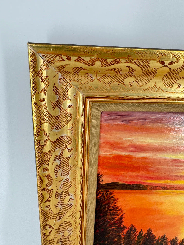 Lake Sunset Scene Painting in Gold Lace Frame