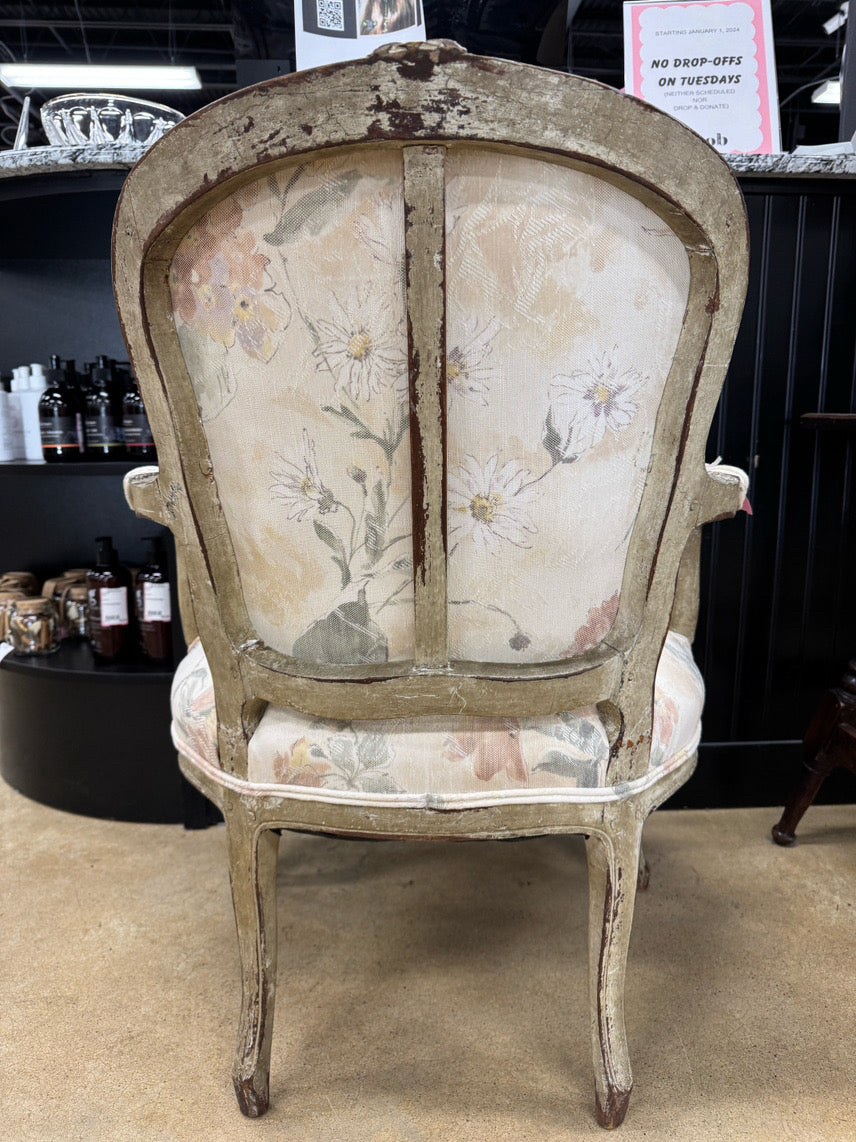 White Wash Wood Cream & Yellow Floral Upholstery French Provincial Chair