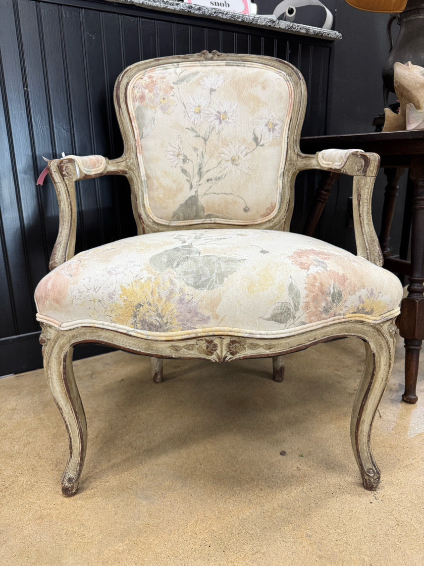 White Wash Wood Cream & Yellow Floral Upholstery French Provincial Chair