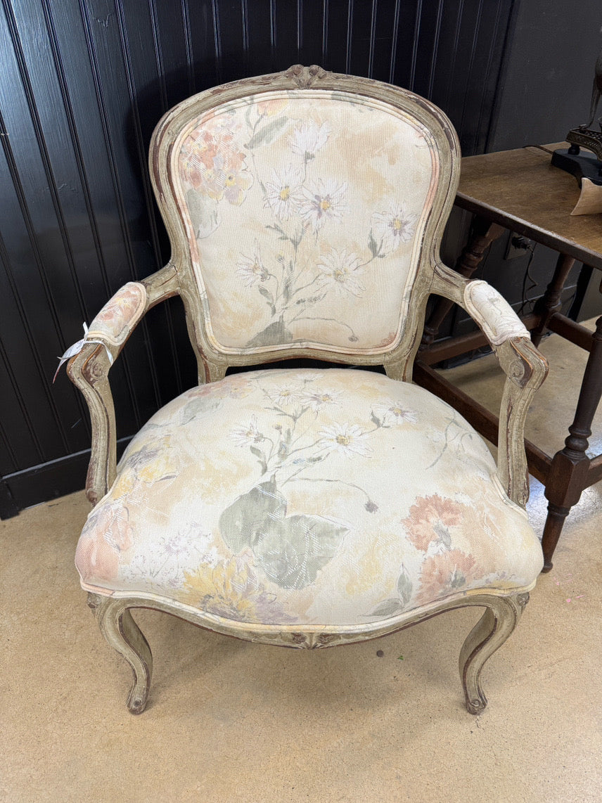 White Wash Wood Cream & Yellow Floral Upholstery French Provincial Chair