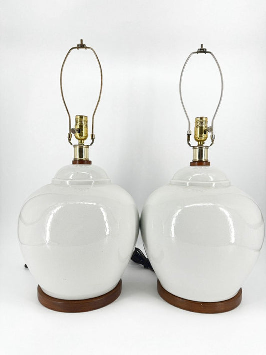 RALPH LAUREN White Crackle Ceramic on Wood Base Pair of Lamps