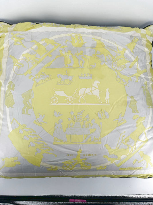 HERMES Yellow & Gray Silk Jeux D'ombres 90 Pillow
