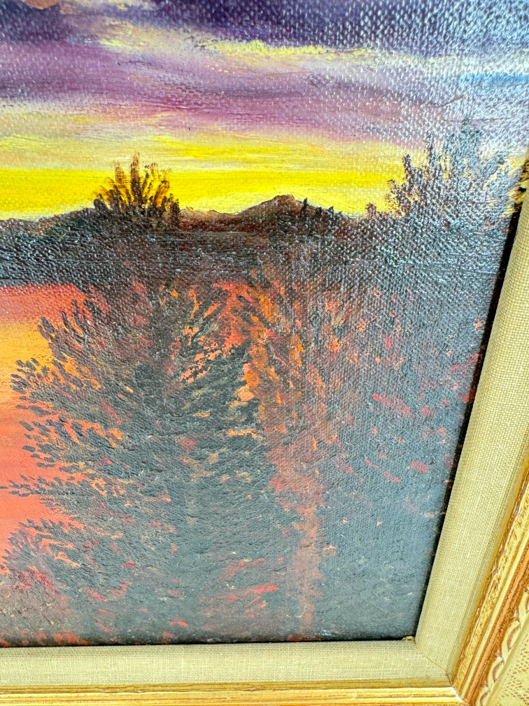 Lake Sunset Scene Painting in Gold Lace Frame